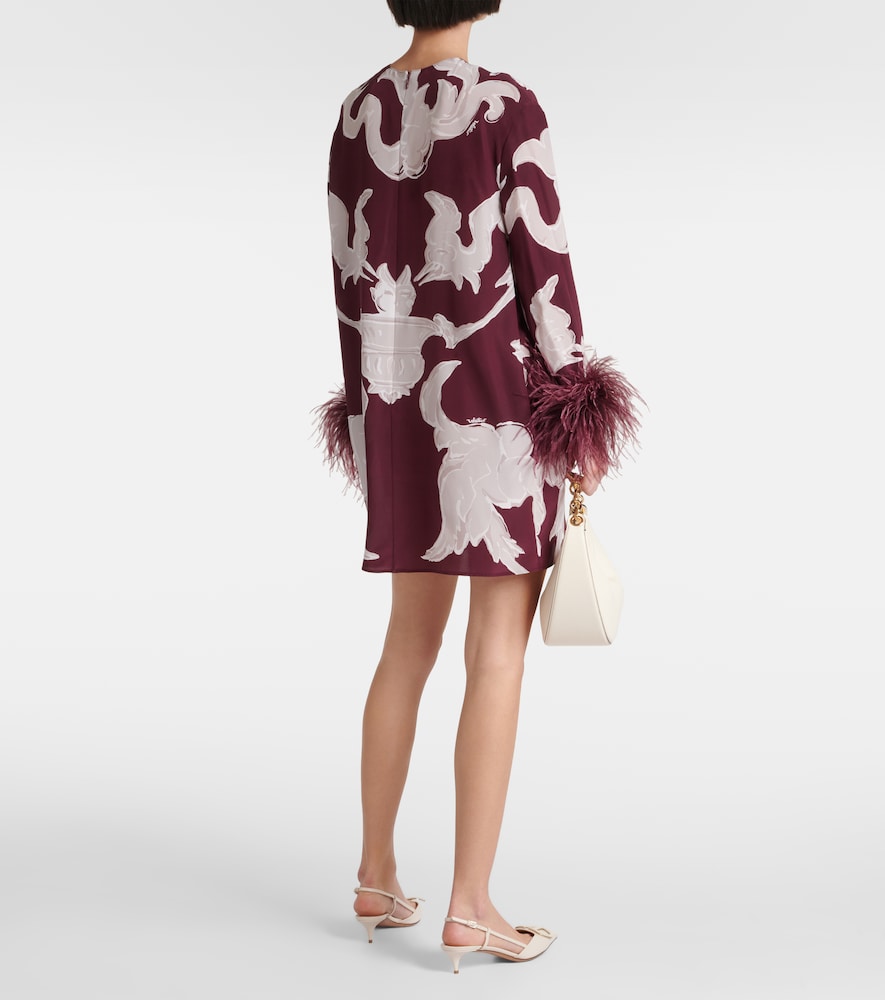 Valentino Printed feather-trimmed silk minidress