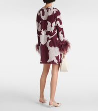 Valentino Printed feather-trimmed silk minidress