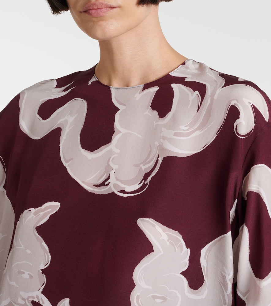 Valentino Printed feather-trimmed silk minidress