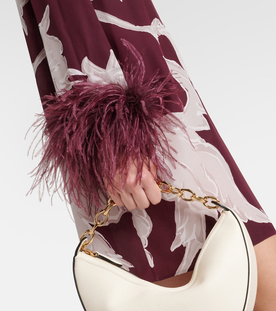 Valentino Printed feather-trimmed silk minidress