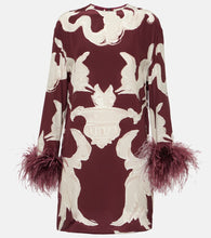 Valentino Printed feather-trimmed silk minidress