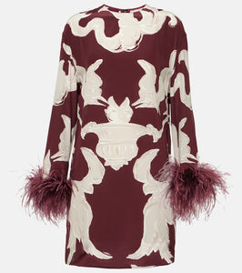 Valentino Printed feather-trimmed silk minidress