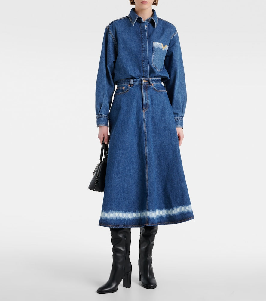 Valentino VGold distressed denim midi skirt