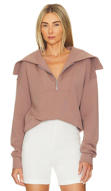 Varley Yates Half Zip Sweatshirt in Taupe - Varley Yates - Sweat-shirt à demi-zip en taupe - Varley Yates 灰褐色半拉链套头衫 - Varley Yates Sweatshirt mit halbem Reißverschluss in Taupe - Varley Yates 하프 지퍼 스웨트셔츠 - Felpa con mezza zip Varley Yates color talpa