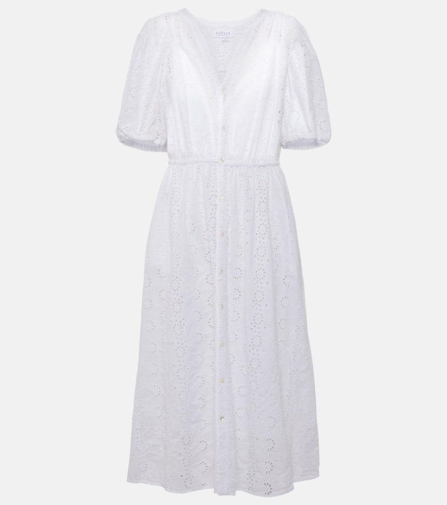 Velvet Broderie anglaise cotton midi dress. 天鹅绒刺绣英式棉质中长连衣裙