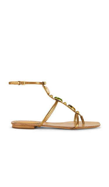 Veronica Beard Alba Stone Sandal in Metallic Gold | Gold Flat Sandals for Women