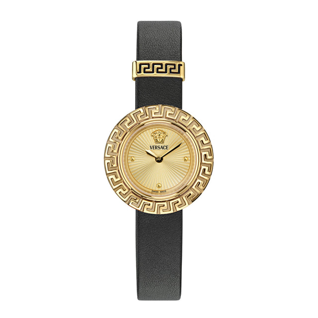 Versace La Creca Gold-Tone Dial Black Leather Strap Watch 28mm - VE8C00224