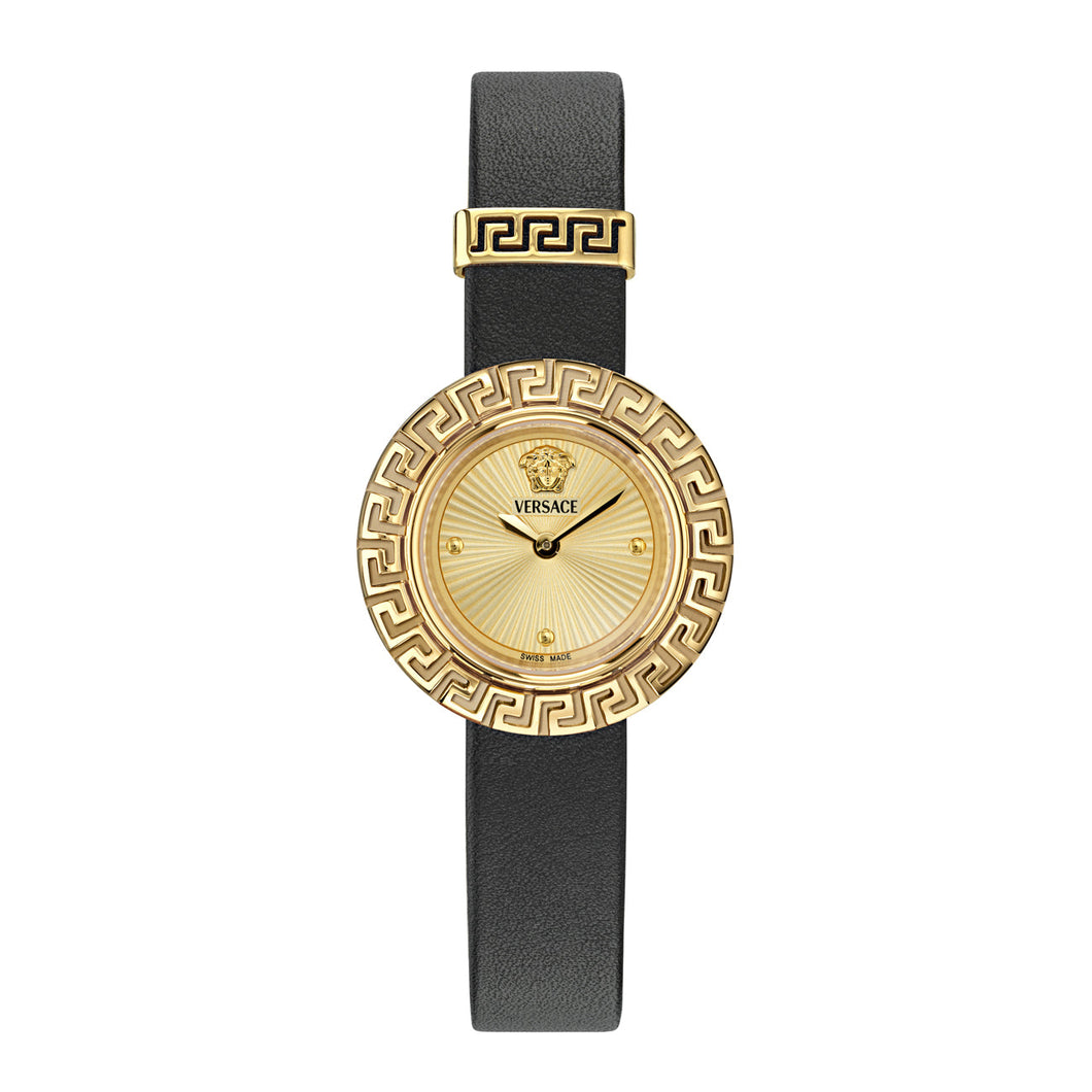 Versace La Creca Gold-Tone Dial Black Leather Strap Watch 28mm - VE8C00224