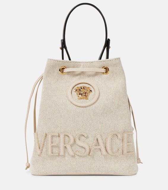 Versace La Medusa Small canvas bucket bag. Shop Versace Bucket Bags for women now.