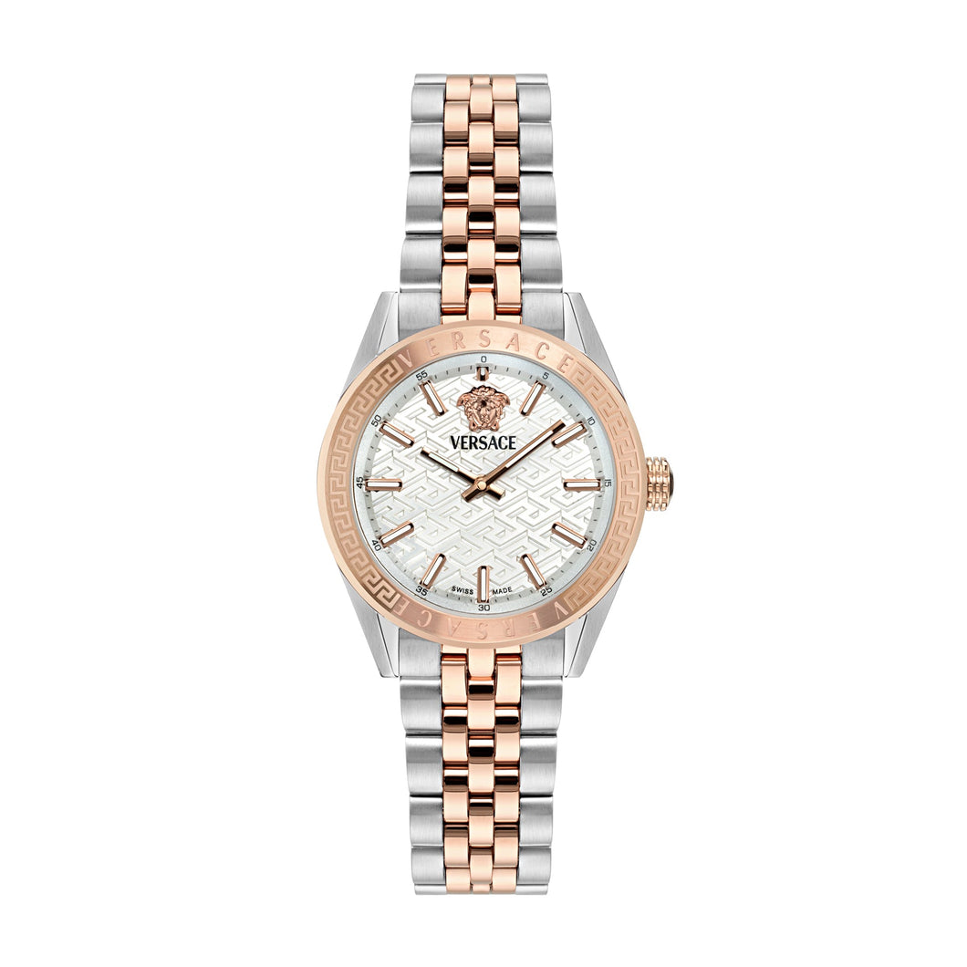 Versace V-Code Silver Dial Two-Tone Rose Gold-Tone Stainless Steel Bracelet 36mm - VE8I00624