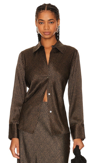 Vince Brushed Houndstooth Bias Blouse in Brown - Blouse biaisée pied-de-poule brossé Vince en marron - Vince 棕色拉绒千鸟格斜纹衬衫 - Vince Schrägbluse mit gebürstetem Hahnentrittmuster in Braun - Vince Brushed Houndstooth 바이어스 블라우스브라운 색상 - Camicetta in sbieco pied de poule spazzolato Vince in marrone