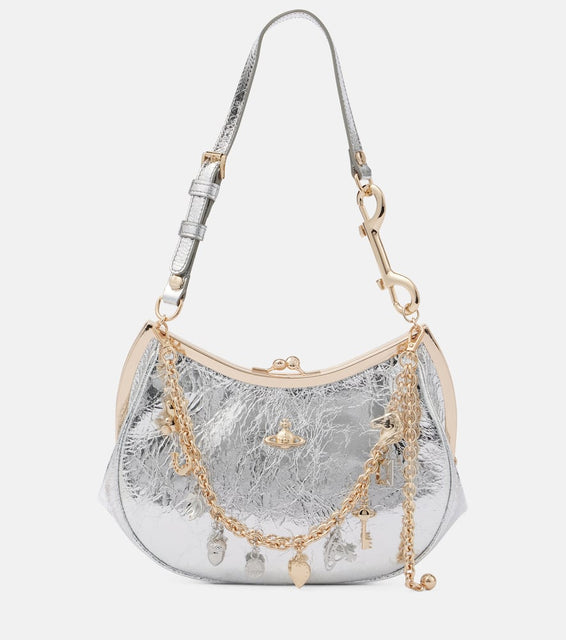 Vivienne Westwood Charm Frame metallic leather shoulder bag. Shop Vivienne Westwood Shoulder Bags for women now.