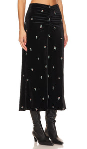 WeWoreWhat Embroidered Velvet Ruched Midi Skirt in Black