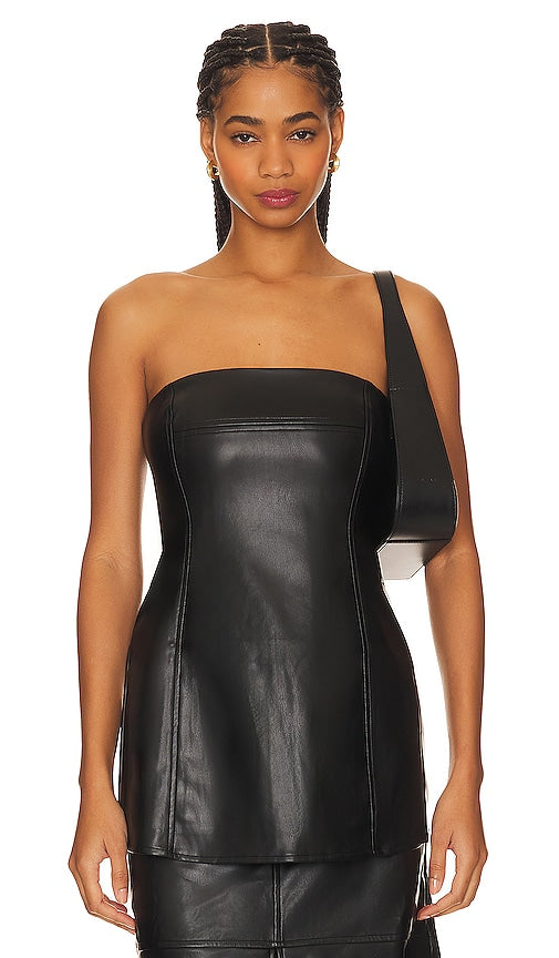 WeWoreWhat Faux Leather Strapless Top in Black - WeWoreWhat - Haut bustier en similicuir noir - WeWoreWhat 黑色人造皮革无肩带上衣 - WeWoreWhat trägerloses Oberteil aus Kunstleder in Schwarz - WeWoreWhat 인조 가죽 스트랩리스 탑 블랙 색상 - WeWoreWhat Top senza spalline in ecopelle in nero