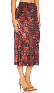 WeWoreWhat Velvet Patchwork Midi Skirt in Burgundy