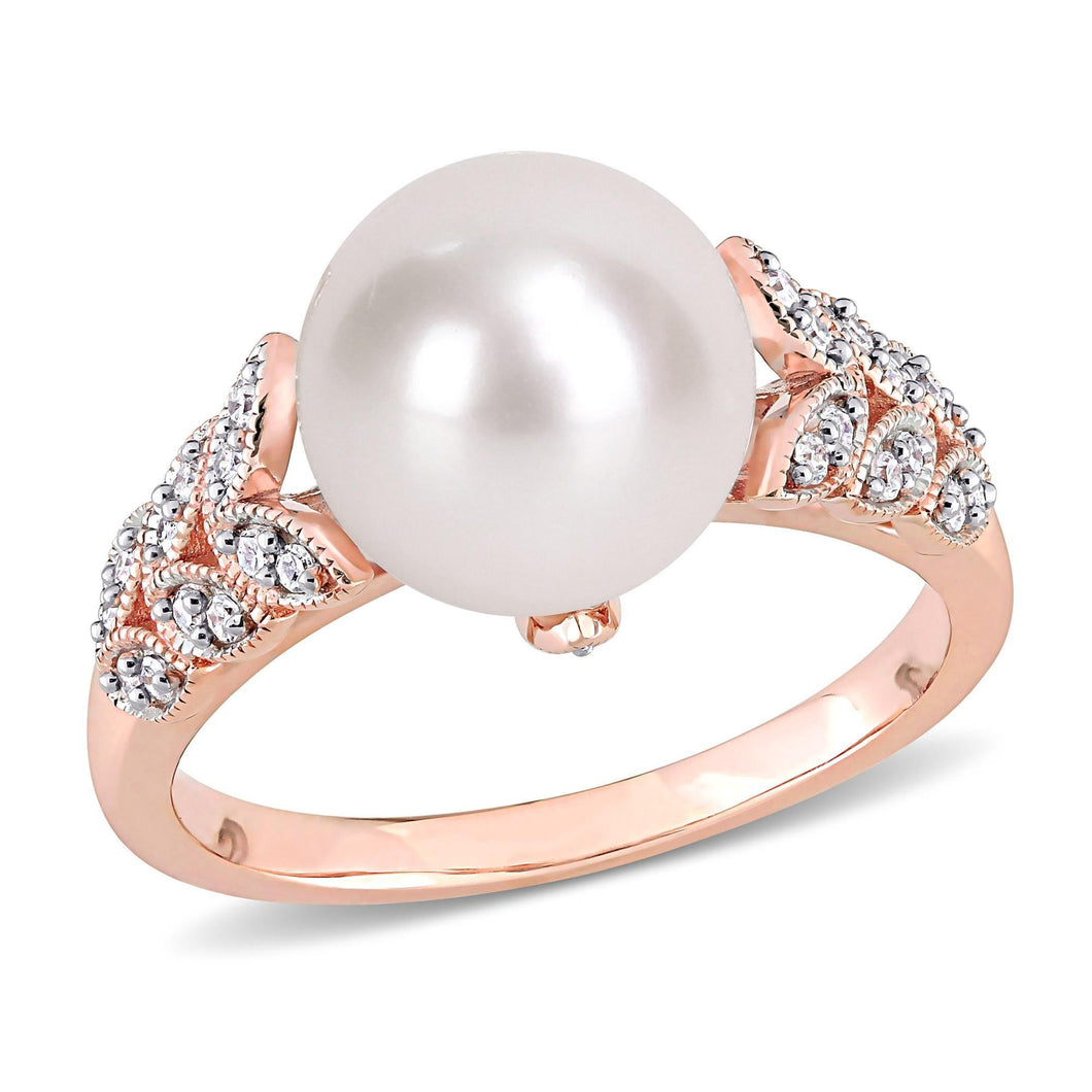 White Freshwater Cultured Pearl and 1/8ctw Diamond Rose Gold Ring - Size 5