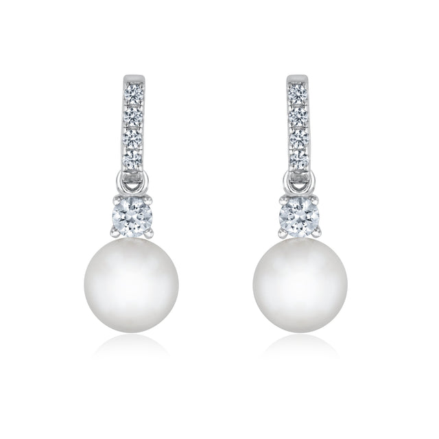 White Freshwater Cultured Pearl and Created White Sapphire Sterling Silver Drop Earrings