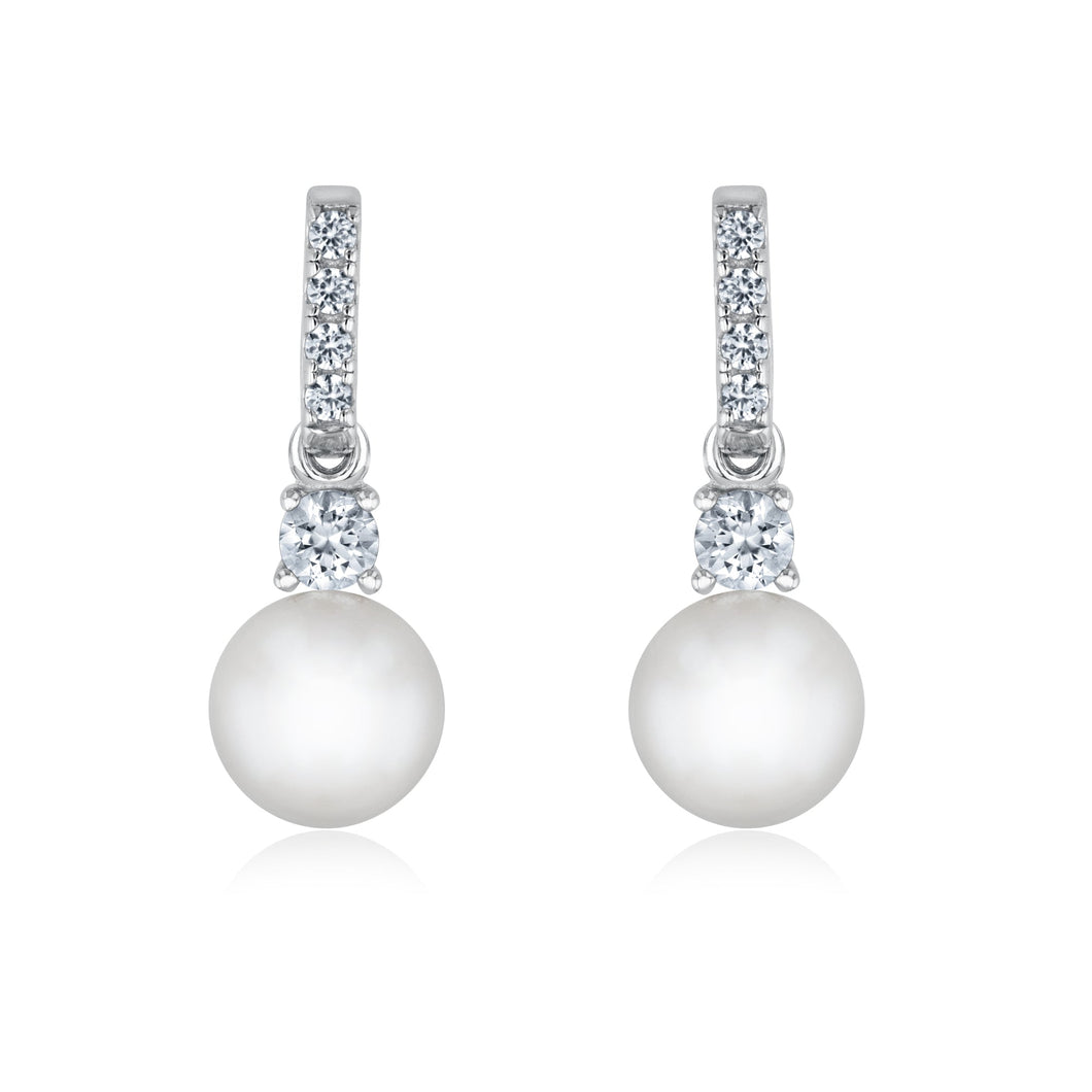 White Freshwater Cultured Pearl and Created White Sapphire Sterling Silver Drop Earrings