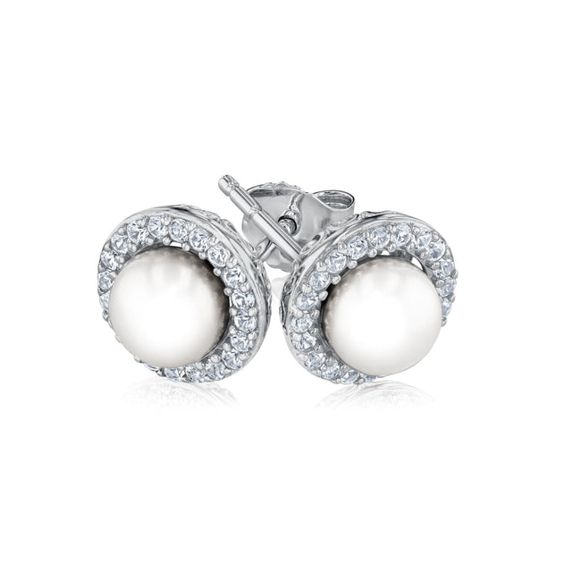 White Freshwater Cultured Pearl and Created White Sapphire Sterling Silver Earrings