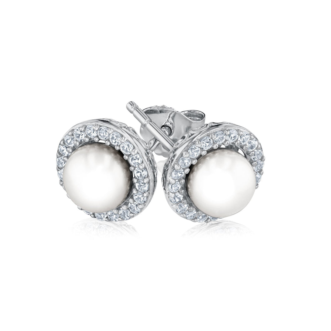 White Freshwater Cultured Pearl and Created White Sapphire Sterling Silver Earrings