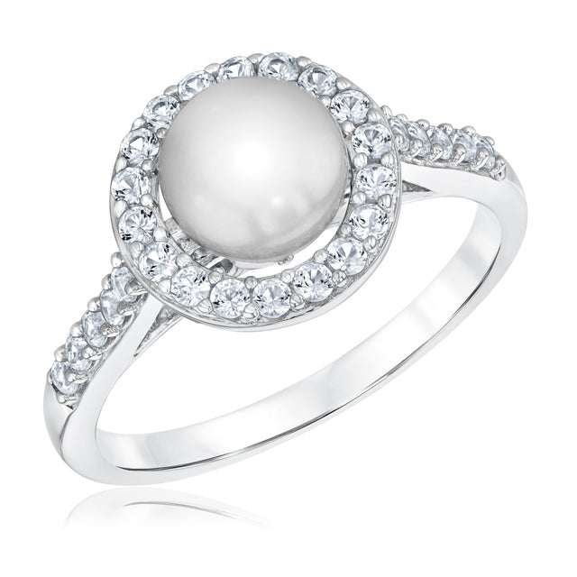 White Freshwater Cultured Pearl and Created White Sapphire Sterling Silver Ring
