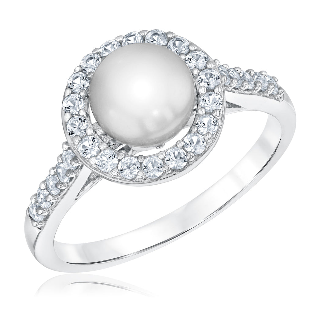 White Freshwater Cultured Pearl and Created White Sapphire Sterling Silver Ring