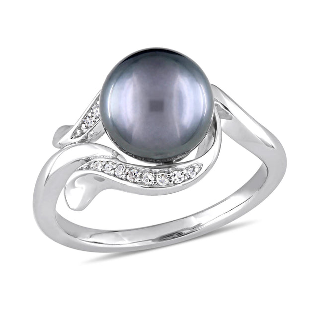 White Gold Black Freshwater Cultured Pearl and 1/15ctw Diamond White Gold Cocktail Ring - Size 5