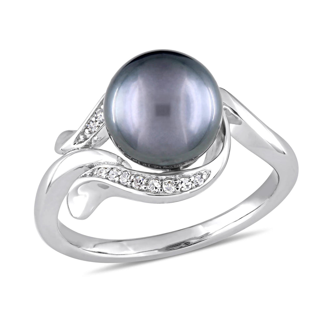 White Gold Black Freshwater Cultured Pearl and 1/15ctw Diamond White Gold Cocktail Ring - Size 5