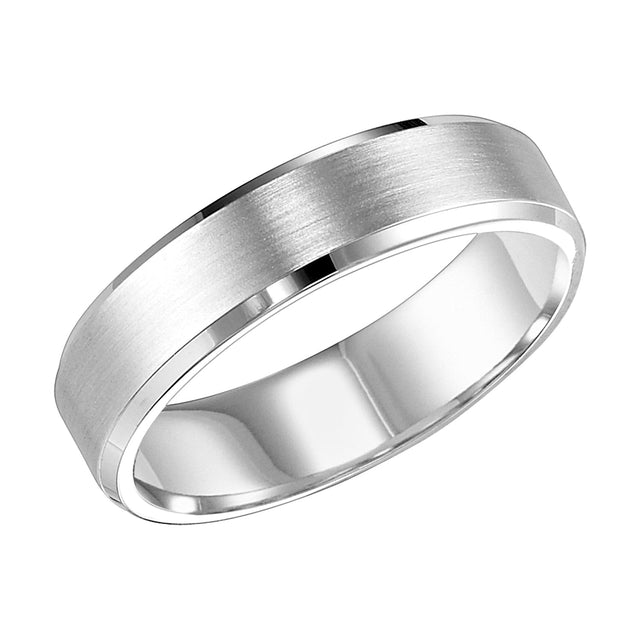 White Gold Brushed Finish Bevel Edge Comfort Fit Wedding Band | 6mm | Size 3