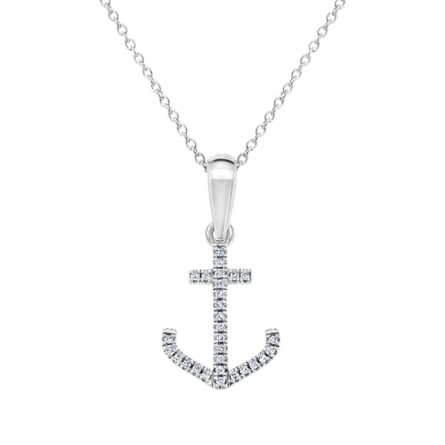 White Gold Diamond Anchor Pendant Necklace 1/20ctw