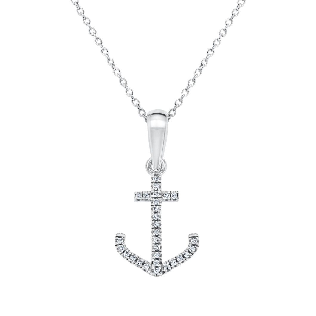 White Gold Diamond Anchor Pendant Necklace 1/20ctw