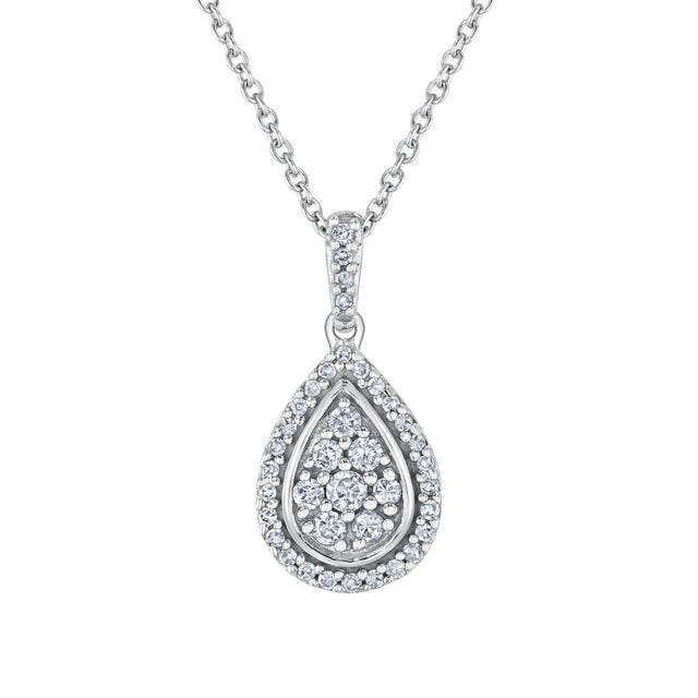 White Gold Diamond Composite Pear-Shaped Frame Pendant Necklace 1/5ctw