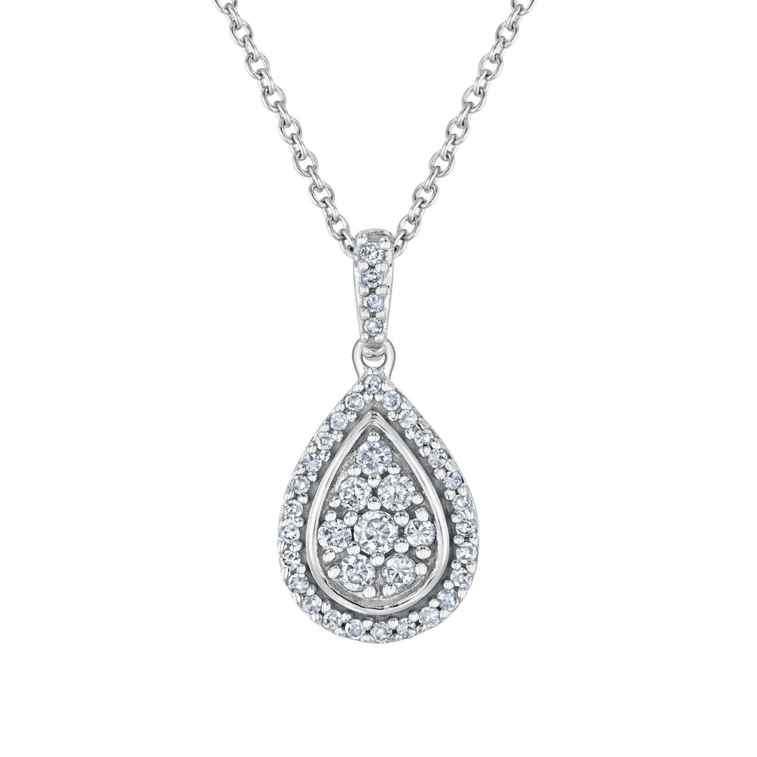 White Gold Diamond Composite Pear-Shaped Frame Pendant Necklace 1/5ctw