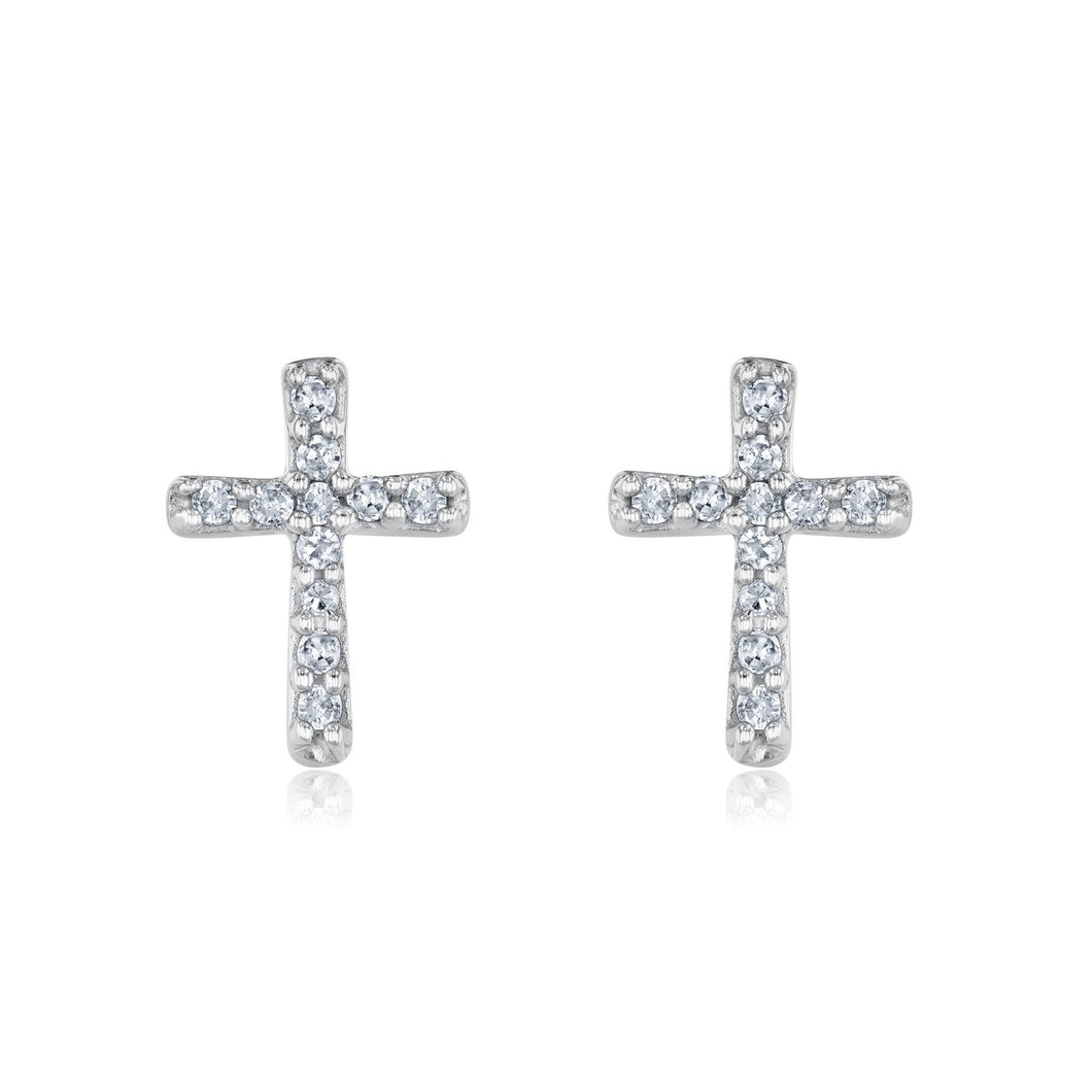 White Gold Diamond Cross Stud Earrings 1/10ctw