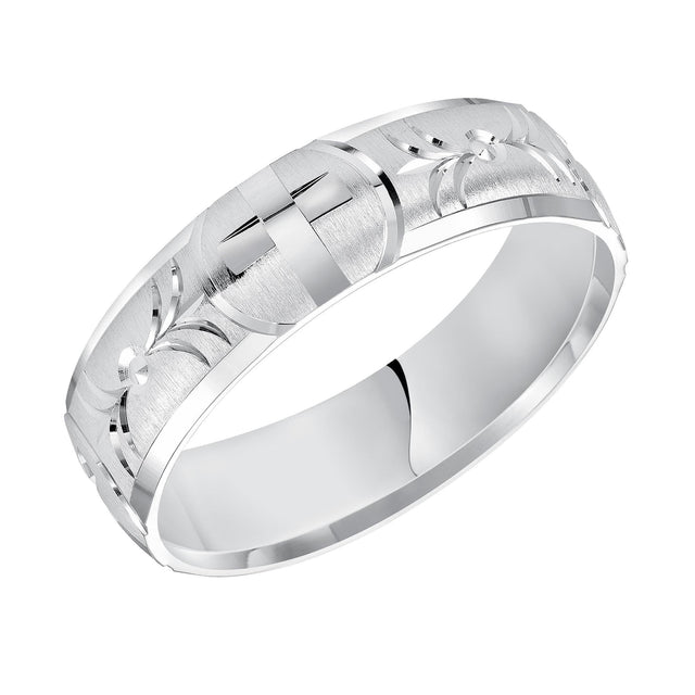 White Gold Engraved Cross Design Comfort Fit Band | 6mm | Size 7
