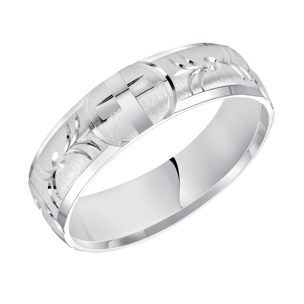 White Gold Engraved Cross Design Comfort Fit Band | 6mm | Size 7