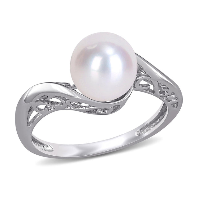 White Gold Freshwater Cultured Pearl Bypass Ring - Size 5