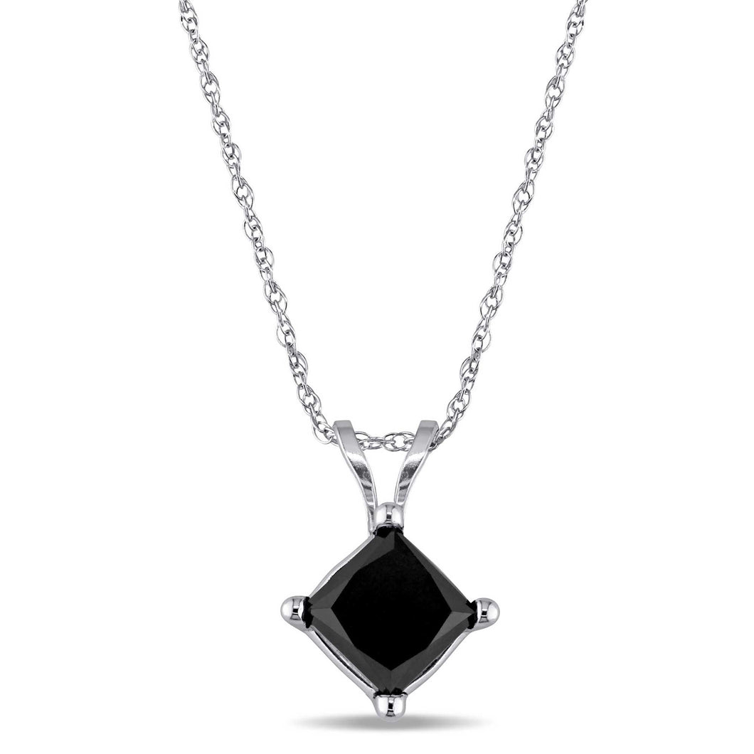 White Gold Princess-Cut Treated Black Diamond Solitaire Pendant Necklace 1ct