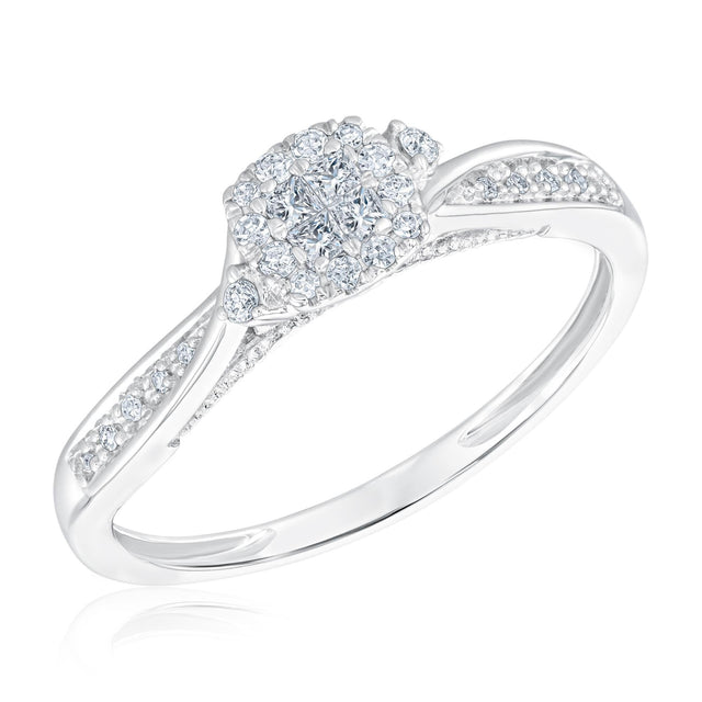 White Gold Quad Princess Diamond Halo Promise Ring 1/5ctw