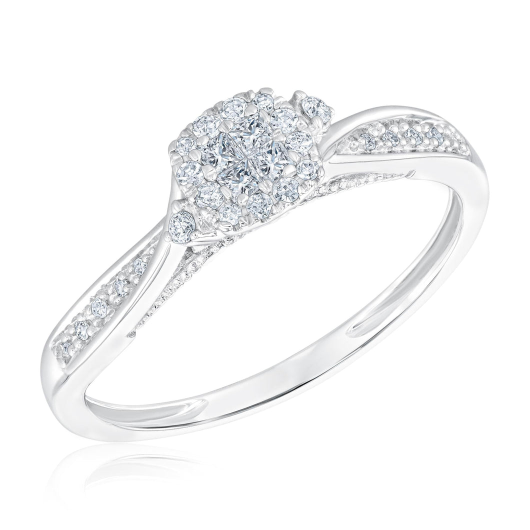 White Gold Quad Princess Diamond Halo Promise Ring 1/5ctw