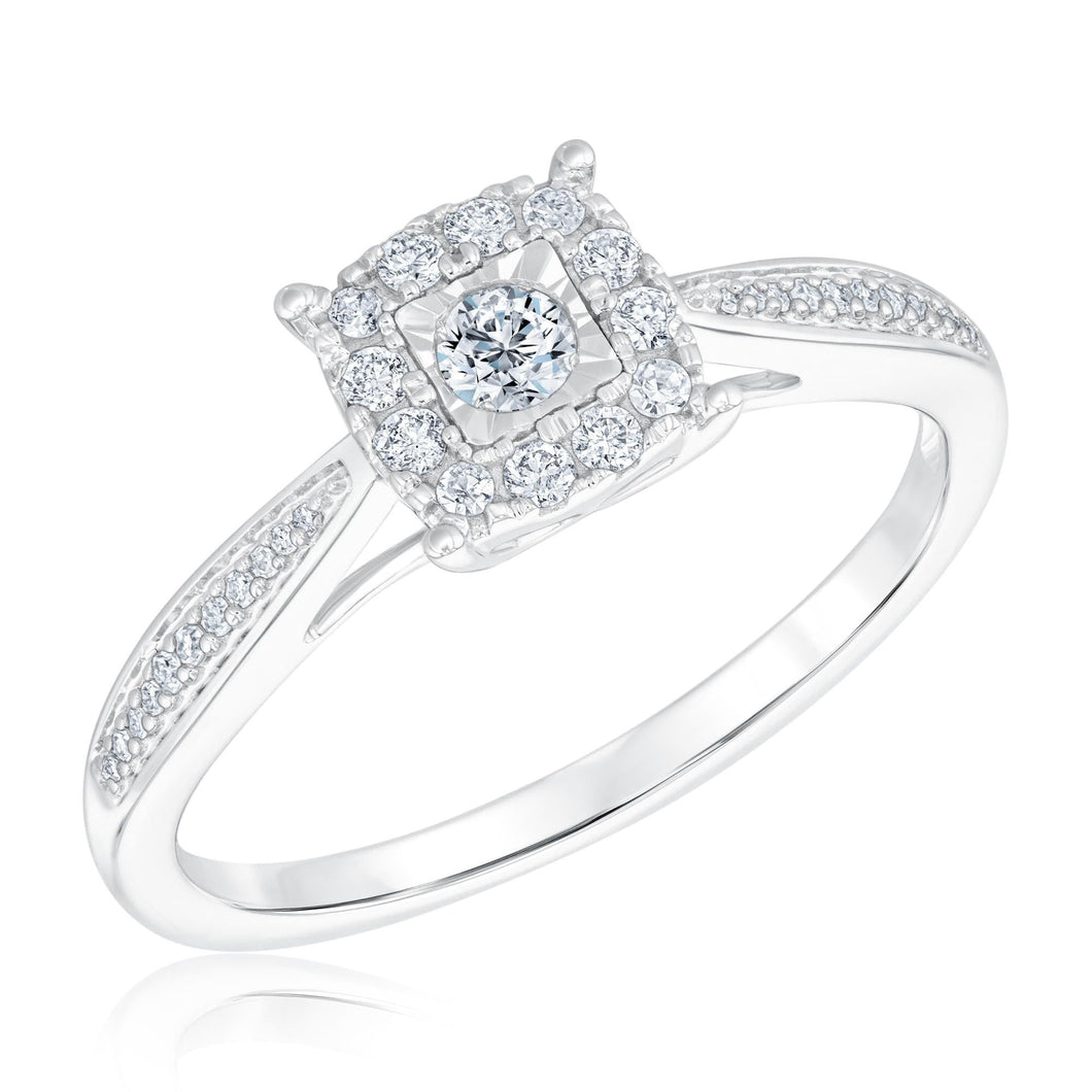 White Gold Round Diamond Cushion Frame Promise Ring 1/4ctw