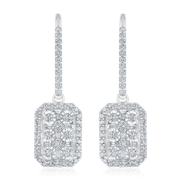 White Gold Round and Baguette Diamond Drop Earrings 1/2ctw