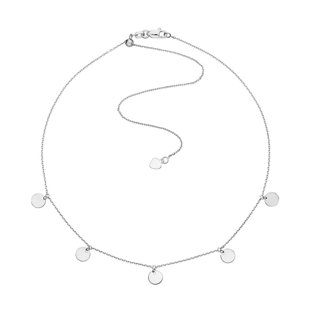White Gold Solid Dangling Disc Station Cable Chain Choker Necklace | Adjustable