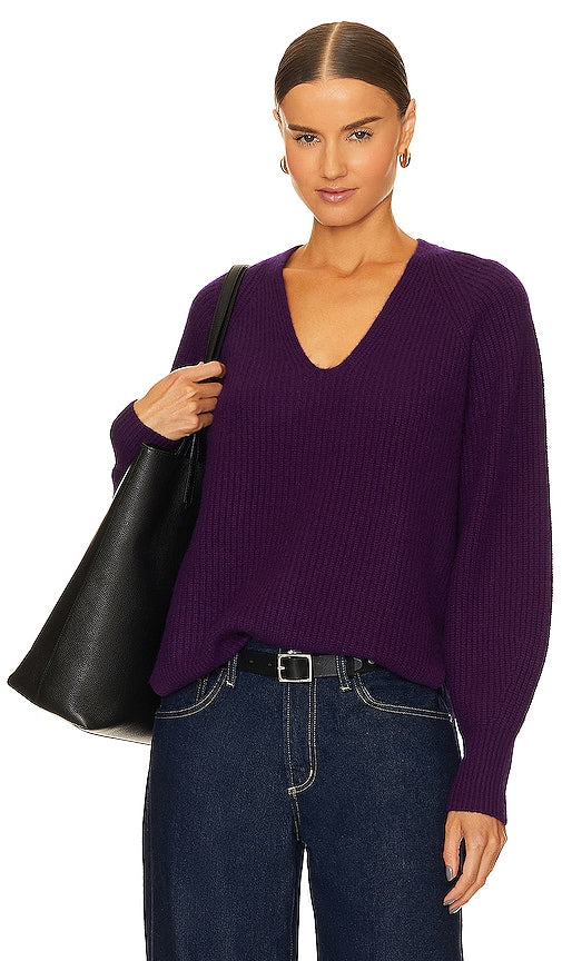 White + Warren Blouson Sleeve V-neck in Purple - White + Warren - Blouson à manches et col en V violet - 白色 + Warren 紫色束口袖 V 领 - Weiß + Warren Blousonärmel mit V-Ausschnitt in Lila - White + Warren Blouson 슬리브 V 넥 퍼플 색상 - Bianco + giacca Warren con scollo a V e maniche in viola