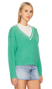 White + Warren Cashmere Varsity V-neck Sweater in Green