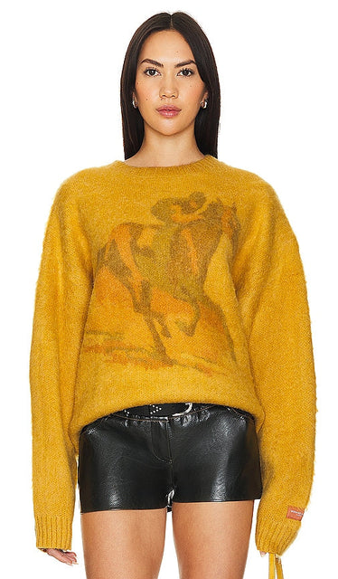 Wish Me Luck 7 Horse Crewneck in Mustard - Wish Me Luck 7 Horse Crewneck en moutarde - Wish Me Luck 7 芥末色 Horse 圆领毛衣 - Wish Me Luck 7 Horse Rundhalsausschnitt in Senf - Wish Me Luck 7 홀스 크루넥 머스타드 소재 - Girocollo Wish Me Luck 7 Horse in senape