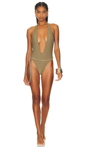 YEVRAH SWIM Positano V Neck One Piece in Olive - YEVRAH SWIM Positano une pièce à col en V en olive - YEVRAH SWIM Positano 橄榄色 V 领一件式泳衣 - YEVRAH SWIM Positano Einteiler mit V-Ausschnitt in Oliv - YEVRAH SWIM 포지타노 브이넥 원피스 올리브 색상 - YEVRAH SWIM Positano Costume intero con scollo a V in verde oliva