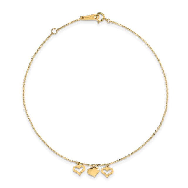 Yellow Gold 3 Hearts Anklet