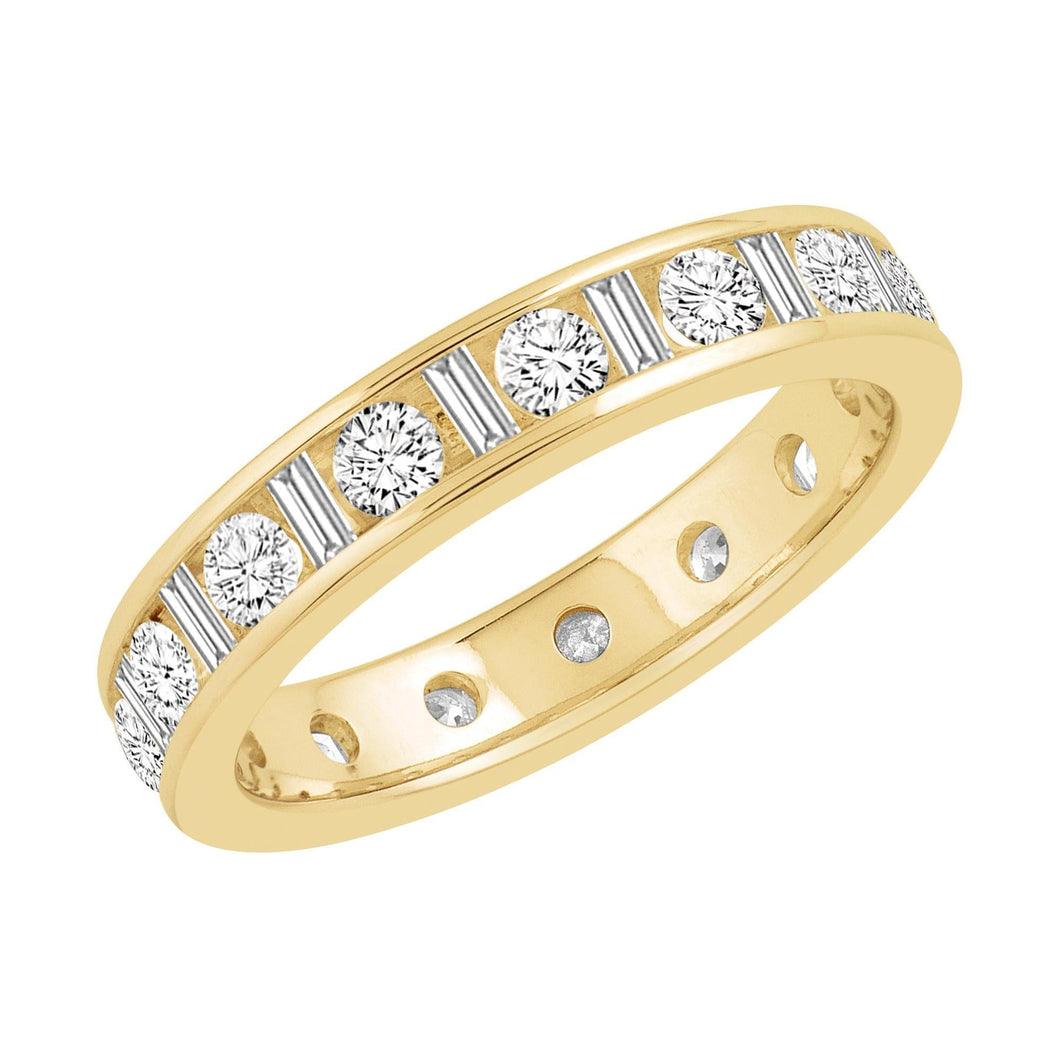 Yellow Gold Channel Set Round and Baguette Diamond Eternity Band 1 1/2ctw