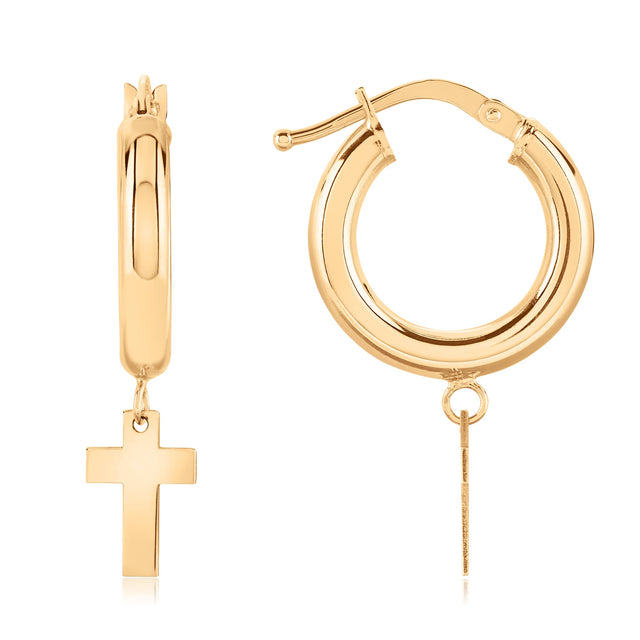 Yellow Gold Cross Drop Hoop Earrings
